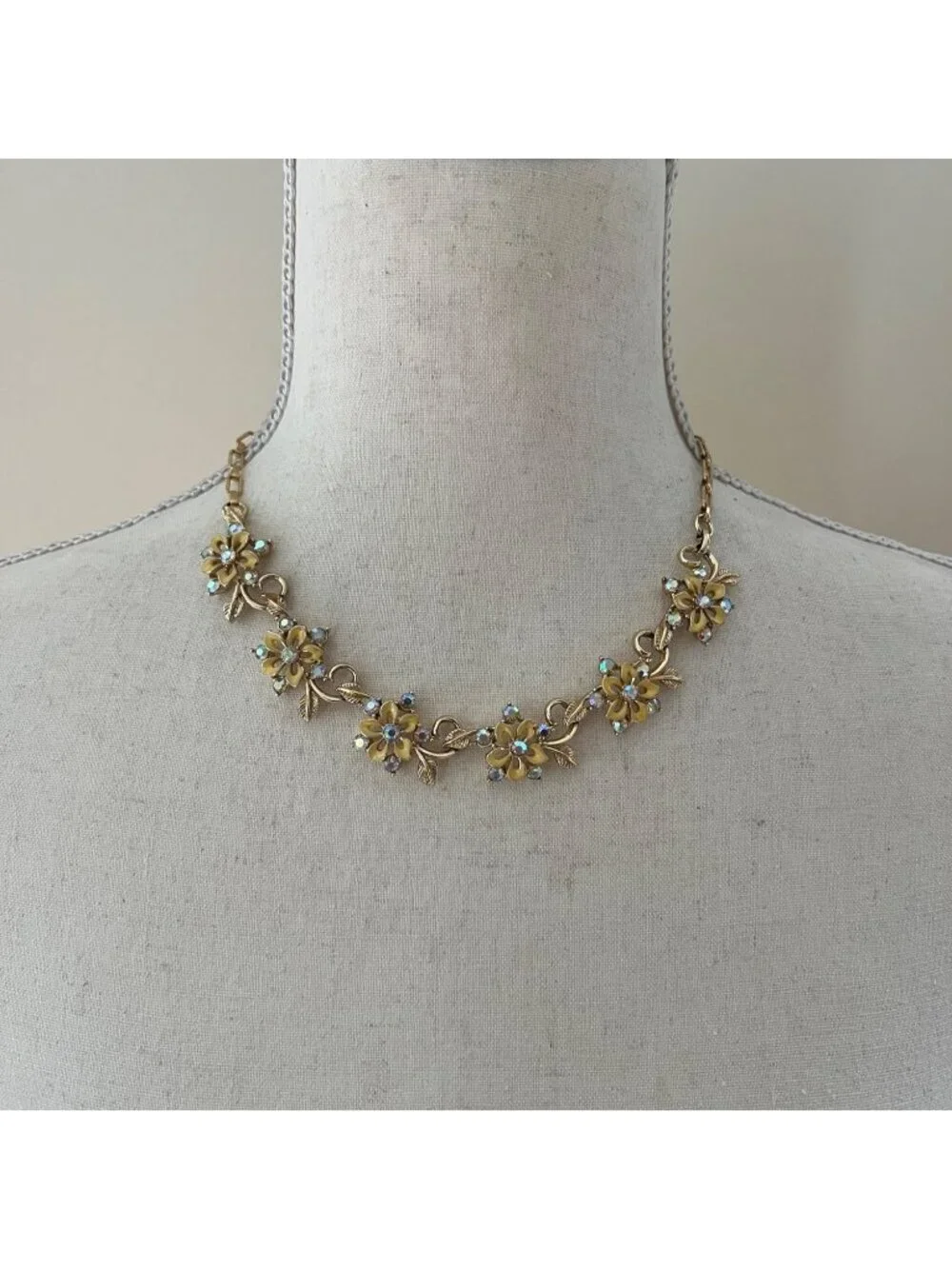 Rare Vintage Star Floral Link Choker, Yellow Enamel Flowers, AB Rhinestones, 17